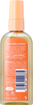 Tył butelki olejku do golenia Isana Sunny Oasis 100 ml, z pomarańczową etykietą, widoczna lista składników i kod kreskowy.