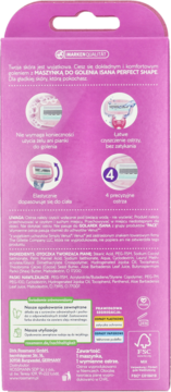 Tył różowego opakowania maszynki do golenia Isana Perfect Shape z cechami produktu i listą składników.