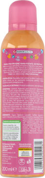 Tył różowej butelki pianki pod prysznic 200 ml, z etykietą, tekstem i barcode; jaśmin i frezja.