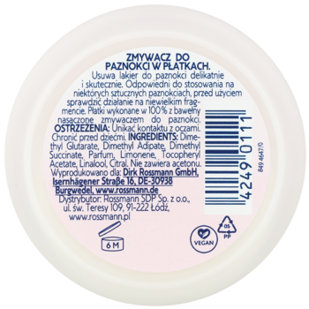 Tył białego, okrągłego opakowania zmywacza do paznokci w płatkach Rossmann, z etykietą składu bez acetonu.