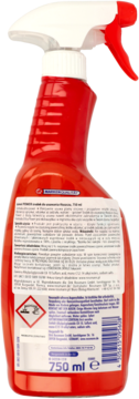 Tył czerwonej butelki Domol Power do usuwania tłuszczu, z białym rozpylaczem, widoczna etykieta 750 ml.
