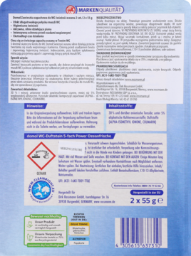 Tył niebieskiego opakowania Domol Zawieszki do WC Świeżość Oceanu 2x55g, z opisem i symbolami Green.