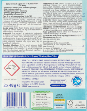 Tył opakowania Domol WC-Duftstein 4-fach Power 2x48g, z opisem składników i symbolami ekologicznymi.