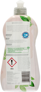 Tył różowej butelki płynu do mycia naczyń Domol 500 ml z etykietą, tekstem PL, kodem i ostrzeżeniem.