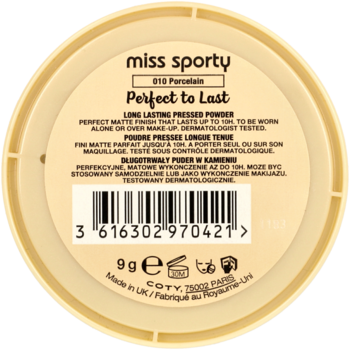 Okrągły spód pudru Miss Sporty Perfect to Last 010 Porcelain, beżowy, z widocznym kodem kreskowym i napisem 9g.