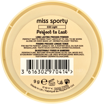 Tył pudru Miss Sporty Perfect to Last 10H Light w jasnym, okrągłym opakowaniu z widocznym kodem kreskowym.