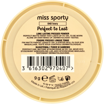 Spód pudru prasowanego Miss Sporty Perfect to Last 040 Ivory, z kodem kreskowym i wagą 9g.