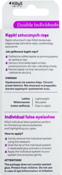 Tył opakowania rzęs KillyS Double Individuals, białe z fioletowymi napisami. Opisuje cechy: lekkie, wielorazowe, łatwe w aplikacji.