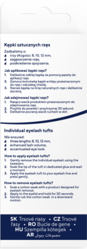 Tył opakowania kępek sztucznych rzęs. Instrukcja i cechy produktu po polsku i angielsku, biało-niebieski.