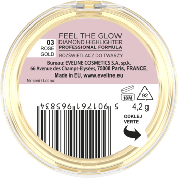 Eveline Cosmetics Diamond Highlighter, odcień Rose Gold, 4.2g, widok z tyłu okrągłego złotego opakowania.