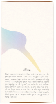 Tył opakowania kremu dla niemowląt z wizerunkiem kiwi, opisujący cechy ptaka na białym tle.