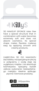 Białe opakowanie bezlateksowej gąbki KillyS 3D, widok z tyłu z opisem działania i kontaktu marki.