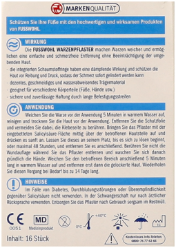 Tył opakowania plastrów na kurzajki Fusswohl Warzenpflaster z niebieską etykietą, instrukcjami i ikonami.