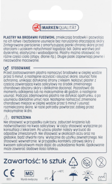 Tył białego opakowania plastrów na brodawki Fusswohl. Widoczne instrukcje, ostrzeżenia i oznaczenie 16 sztuk.