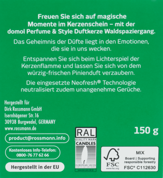 Tył zielonego opakowania świecy zapachowej domol Waldspaziergang 150g, z tekstem, logo RAL i FSC.