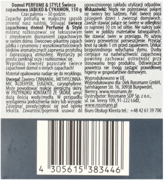 Tył opakowania świecy zapachowej Domol Perfume & Style, jabłko i cynamon, z listą składników i kodem kreskowym.
