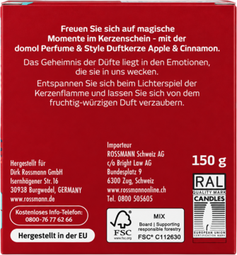 Tył czerwonego opakowania świecy zapachowej Domol Apple & Cinnamon 150g z niemieckim tekstem i logo FSC.
