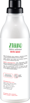 Tył białej butelki płynu ZIELKO FEJII MINT do płukania tkanin, z czarną nakrętką i opisem.