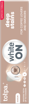 Tolpa White ON pasta do zębów na głębokie przebarwienia, wybiela do 4 odcieni, widok z przodu.
