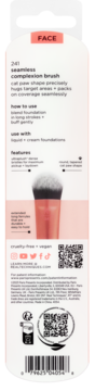 Tył opakowania pędzla do makijażu 241 Seamless Complexion Brush. Widoczne włosie UltraPlush w kształcie kociej łapy i różowa rączka.