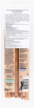 Tył opakowania Winston Nature Dogettis smakołyków dla psa 60g z suszonych jelit wołowych, biało-brązowe, kotem i tekstem PL.