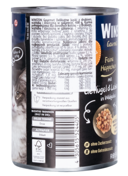 Tył puszki karmy mokrej Winston Gourmet z drobiem dla kota. Czarna etykieta, widoczne dane odżywcze i skład.