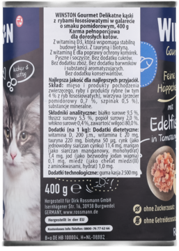 Tył srebrnej puszki Winston Gourmet 400g karmy dla kota, z etykietą zawierającą skład i opis.