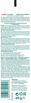 Tył tubki Lider Classic krem do golenia, biała z zielonym kodem kreskowym i listą składników.