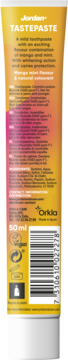 Jordan TastePaste mango-mięta, tył tubki 50 ml, żółto-pomarańczowa gradientowa, z informacjami i kodem.