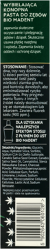 Ciemne opakowanie wybielającej konopnej pasty Bio Madent, widok z tyłu z kodem, składem i użyciem.