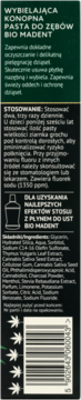 Tył opakowania wybielającej konopnej pasty do zębów Bio Madent, z informacjami o stosowaniu, składzie i kodem kreskowym.