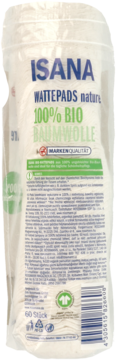 Tył opakowania Isana Wattepads nature: 100% organiczna, niebielona bawełna, 60 sztuk, z opisem i certyfikatem.