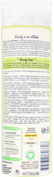 Tył opakowania płatków bawełnianych Isana z 100% niebielonej bio-bawełny, 60 sztuk, z opisem produktu.