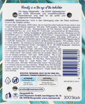 Tył opakowania Isana patyczków kosmetycznych 300 sztuk ze 100% bawełny, zielono-niebieskie tło.