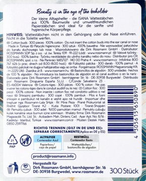 Isana patyczki kosmetyczne, tył opakowania 300 sztuk ze składem 100% bawełny i papierowymi patyczkami.