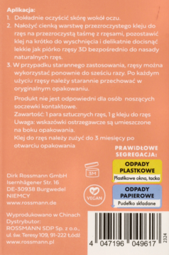 Tył pomarańczowego opakowania Rival Loves me Eyelashes naturally #2, z instrukcjami, ostrzeżeniami i recyklingiem.