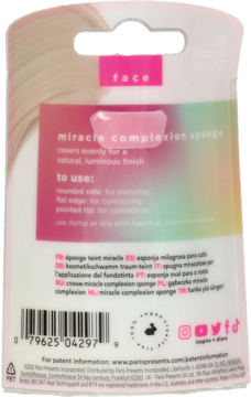 Tył opakowania gąbki do makijażu Miracle Complexion Sponge, z opisem użycia: blendowanie, konturowanie i korekcja.