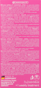 Tył różowego opakowania Isana Express Lift Concentrate, 7x2ml, z opisami w wielu językach i informacją o kuracji tygodniowej.