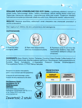 Tył Isana Hydrożelowych Płatków Pod Oczy z aloesem, kwasem hialuronowym. Widoczne instrukcje, skład, wegan.