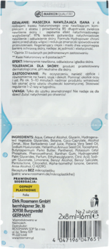 Biały tył opakowania maseczki nawilżającej Isana z niebieskimi kroplami wody i listą składników.