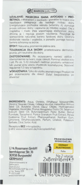 Tył białej saszetki maski Isana Avocado Pro-Retinol, widok z tyłu z pełnym opisem, składem i kodem kreskowym.