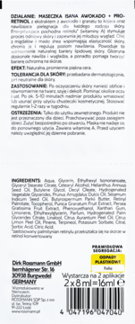 Tył białej saszetki maski Isana Avocado + Pro Retinol, z czarnym tekstem, kodem kreskowym i info 2x8ml.