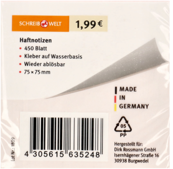 Tył opakowania białych karteczek samoprzylepnych Schreibwelt, 450 kartek 75x75mm, widoczna cena i kod kreskowy.