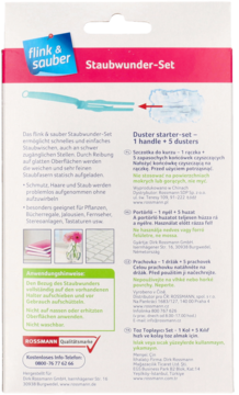 Tył opakowania zestawu Staubwunder-Set Rossmann, biało-różowe, z diagramem miotełki i opisami w wielu językach.