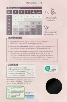 Tabela rozmiarów i opis wkładek laktacyjnych Mamas Babydream, z czarną próbką oraz certyfikatem Oeko-Tex.