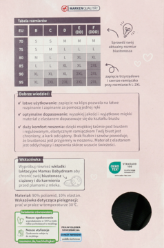 Tabela rozmiarów biustonoszy, w tym dla biustonoszy do karmienia, z opisem materiału i pielęgnacji.