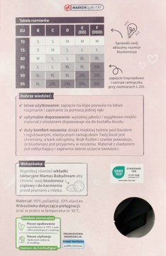 Informacyjna ulotka biustonosza MARKEN QUALITY z tabelą rozmiarów (EU, S-2XL), na jasnym tle.