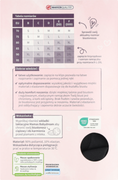 Strona produktu: czarny biustonosz ciążowy/do karmienia, tabela rozmiarów, opis materiału i czarna prążkowana próbka tkaniny.