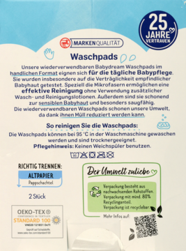Tył opakowania Babydream Myjki do kąpieli z tekstem o właściwościach produktu, instrukcjami i ikonami recyklingu.