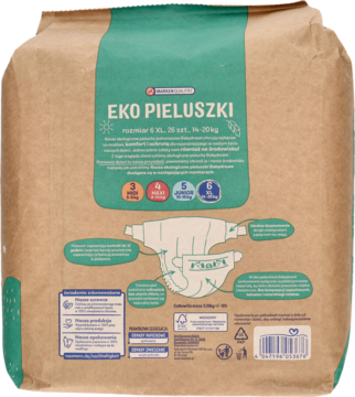 Tył opakowania Babydream Pieluszek ekologicznych 6 XL, brązowy papier, zielony pasek, opisy cech.